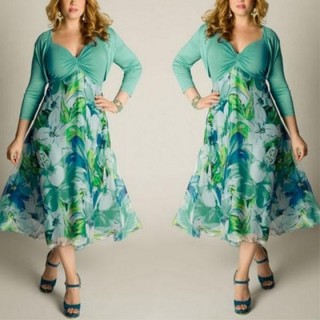 Green Flowers Print Draped A-line Pleated V-neck Plus Size Bohemian Maxi Dress