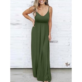 Army Green Draped Spaghetti Strap V-neck Sleeveless Elastic Waist Fashion Casual Maxi Dress
