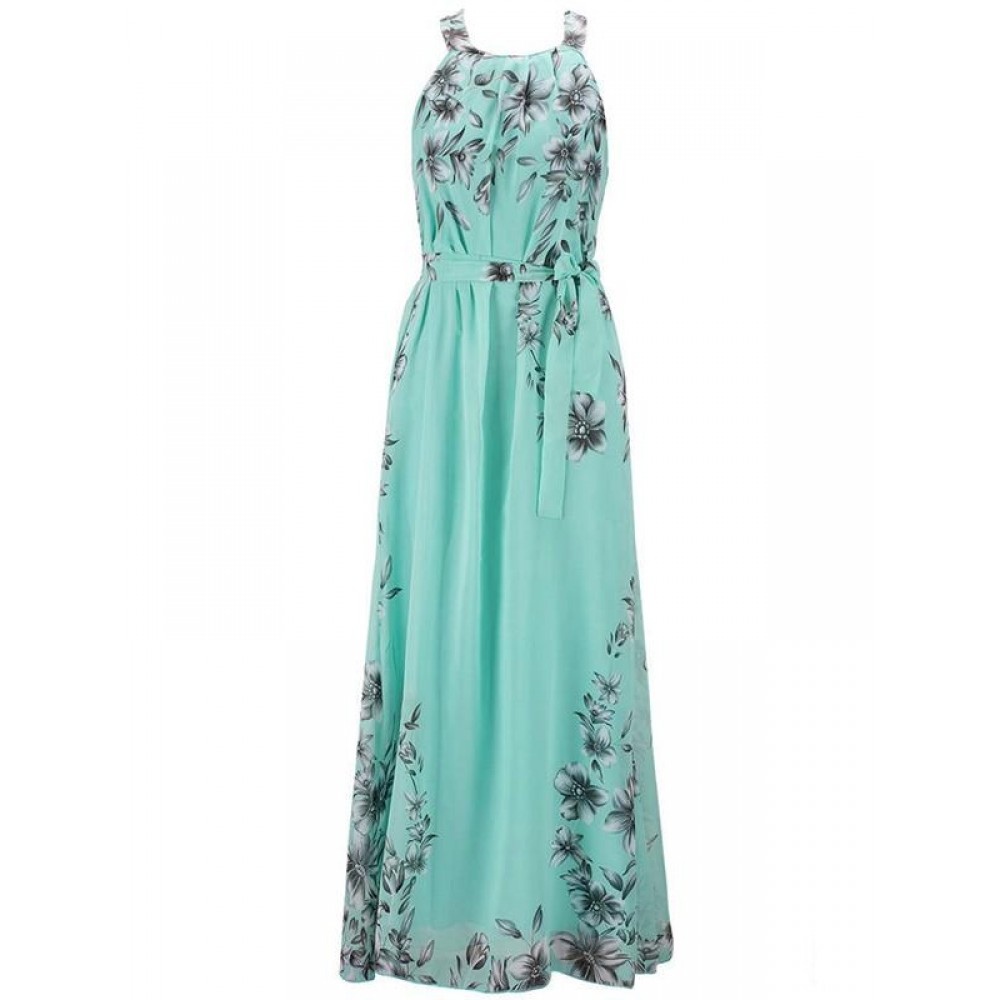 Maxi A Type Dresses : Green Flowers Print Sashes Halter Neck ...