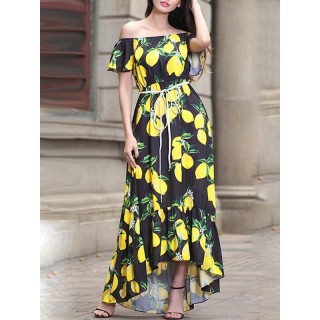 Black Yellow Lemon Floral Print Lace-up High-Low Off Shoulder Short Sleeve Elegant Bohemian Maxi Dress