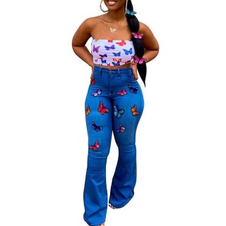 Blue Butterfly Embroidery Print Pockets Buttons With Rhinestones High Waisted Flare Bell Bottom Long Jeans