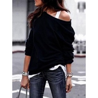Black Asymmetric Shoulder Long Sleeve Fashion Pullover Sweatshirt