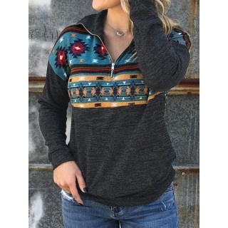 Black Tribal Print Zipper Pockets Long Sleeve Casual Sweatshirt