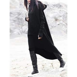 Black Plain Irregular oversize Long Sleeve Hooded Casual Sweatshirt